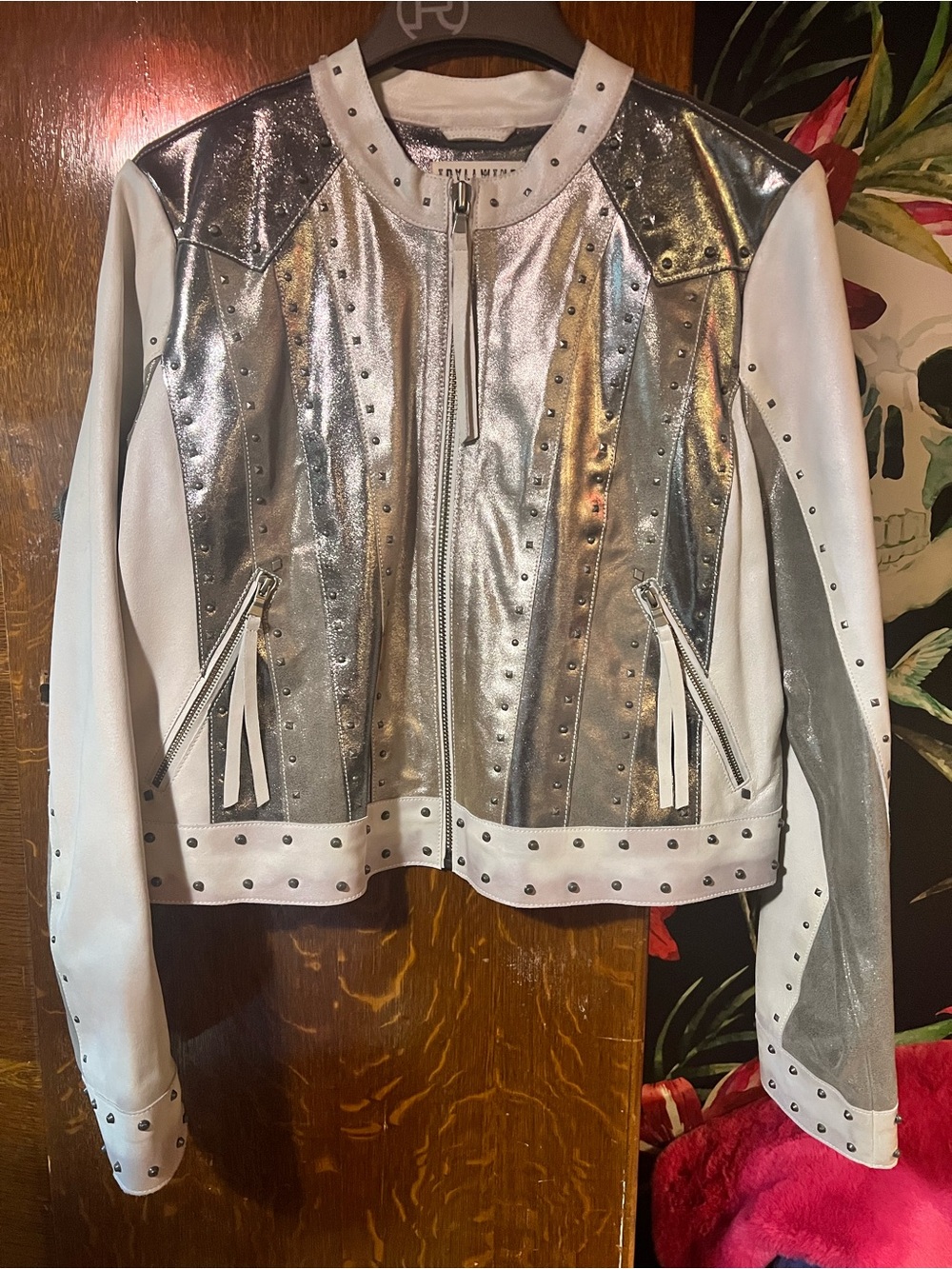 Studded Silver and White Leather Moto Jacket